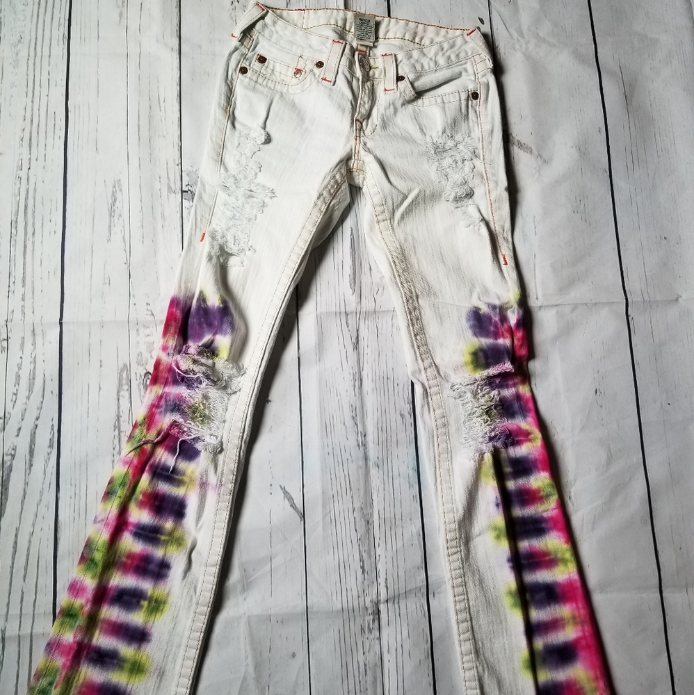 True Religion White Flared Jeans with Pink Purple and Green Tie-Dye